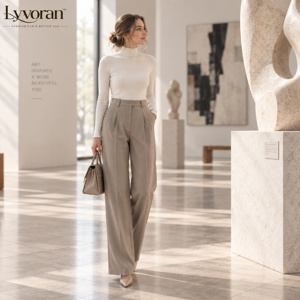Lyvoran™ Sienna Taupe Pleated Wide-Leg Trousers