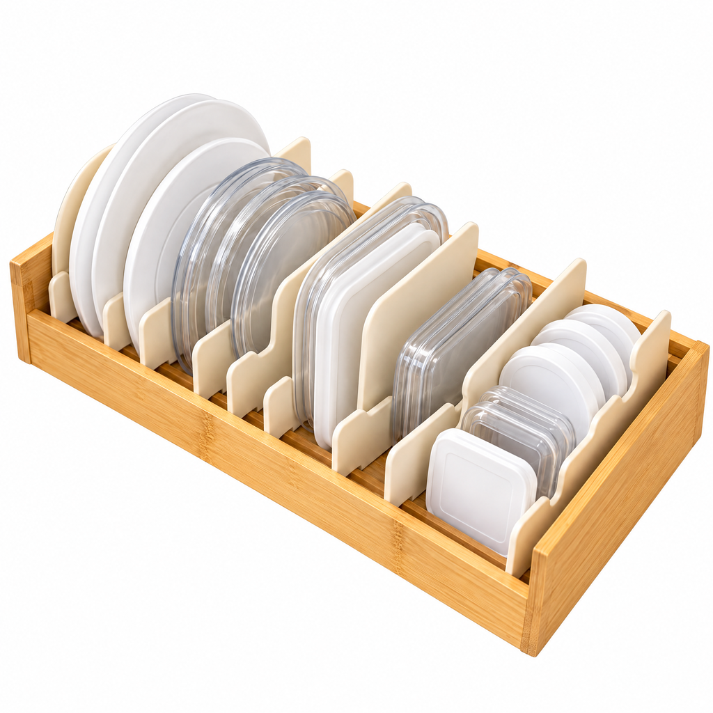 Oeasrty Adjustable Bamboo Food Container Lid Organizer