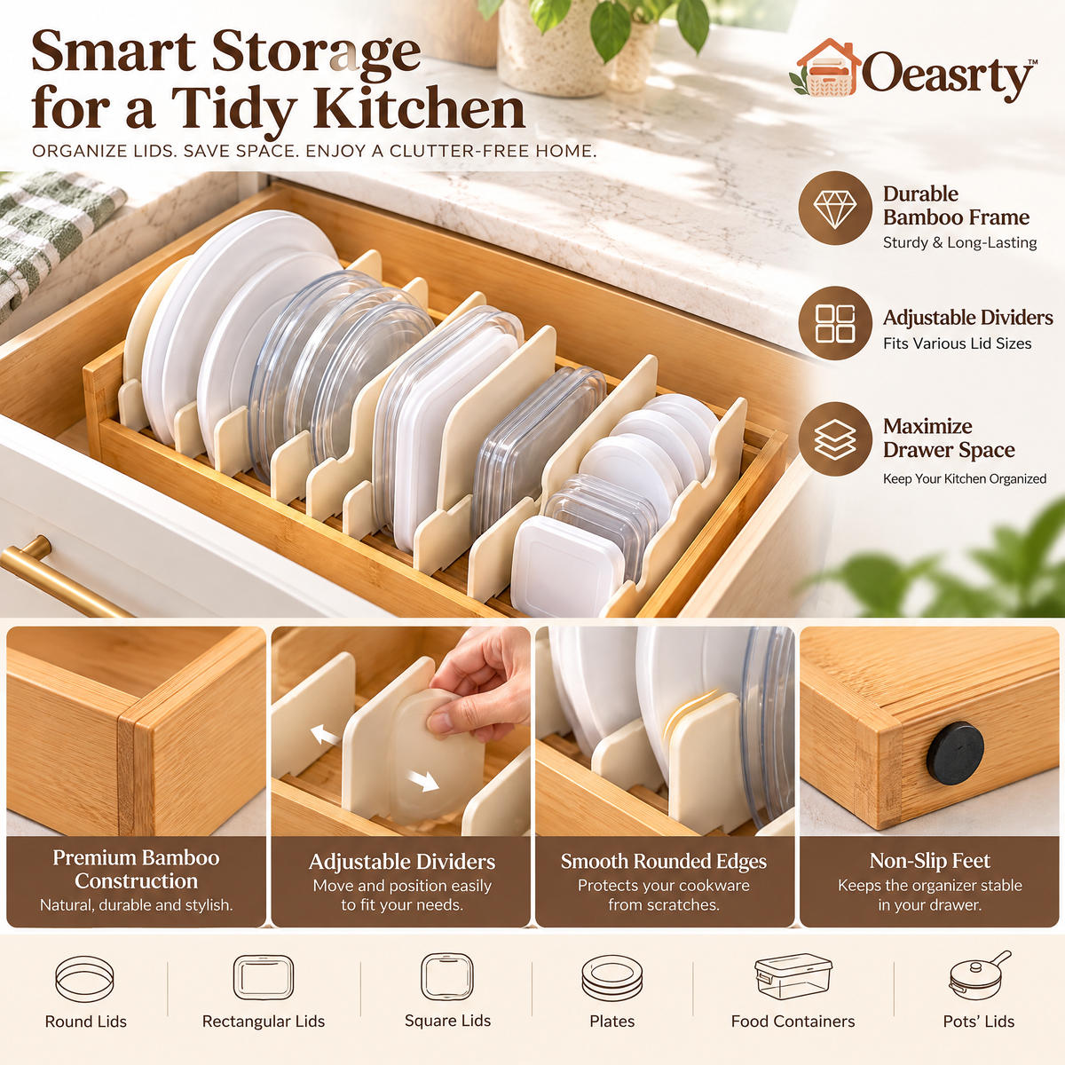 Oeasrty Adjustable Bamboo Food Container Lid Organizer