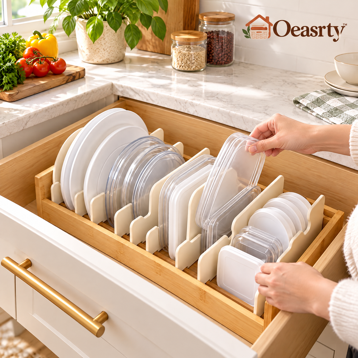 Oeasrty Adjustable Bamboo Food Container Lid Organizer