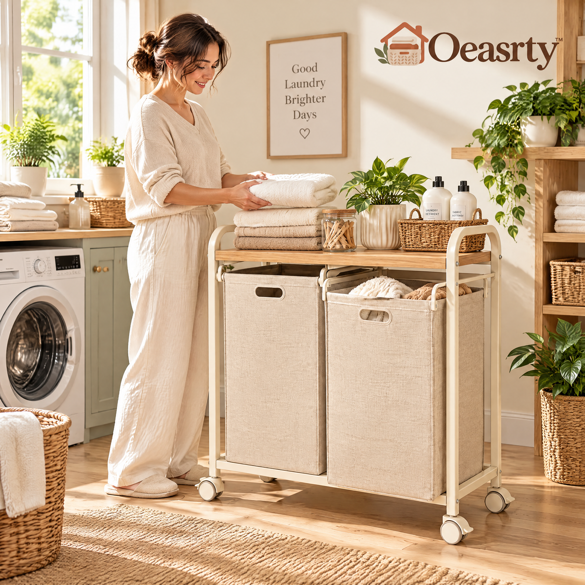 Oeasrty Rolling Double Laundry Hamper with Wood Top