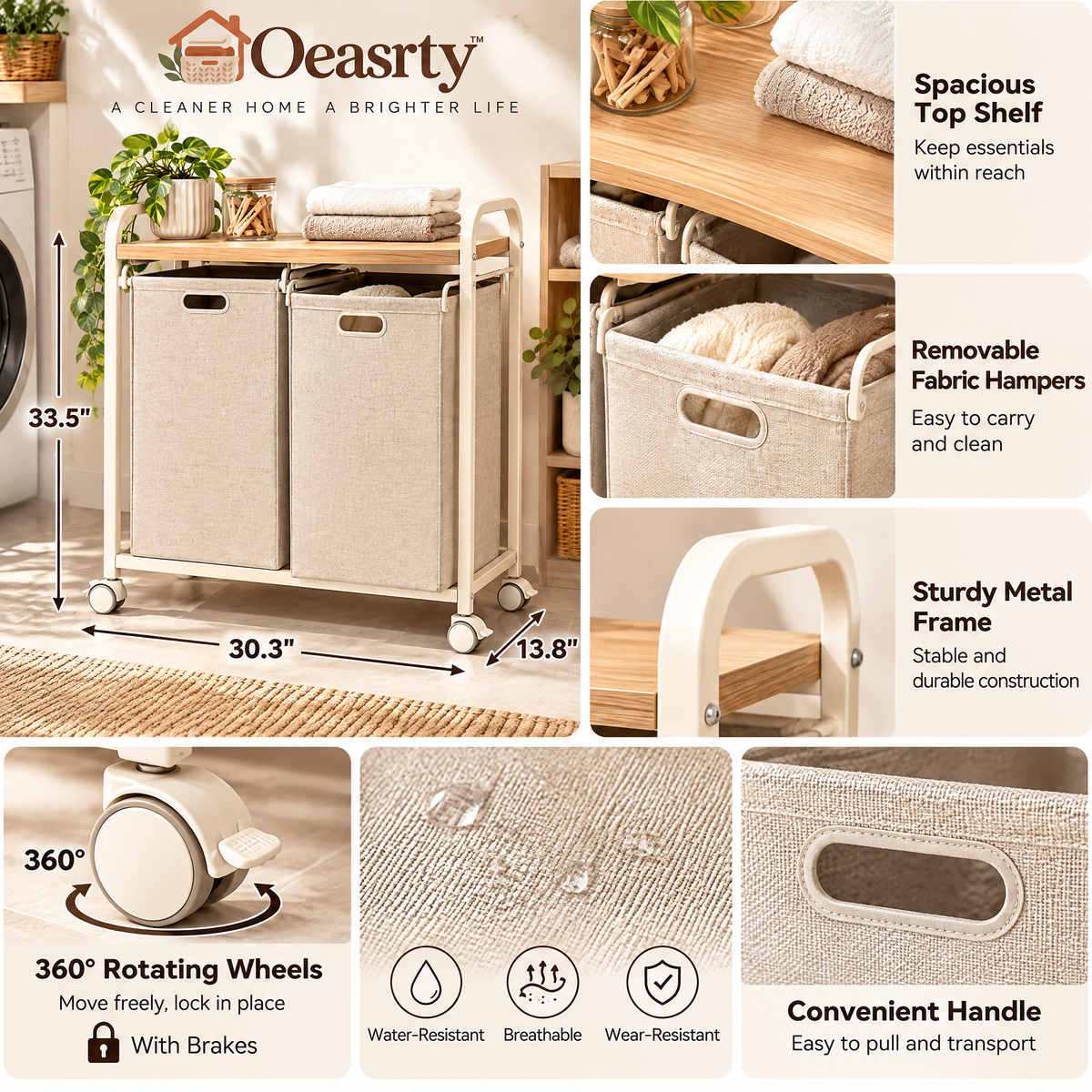 Oeasrty Rolling Double Laundry Hamper with Wood Top