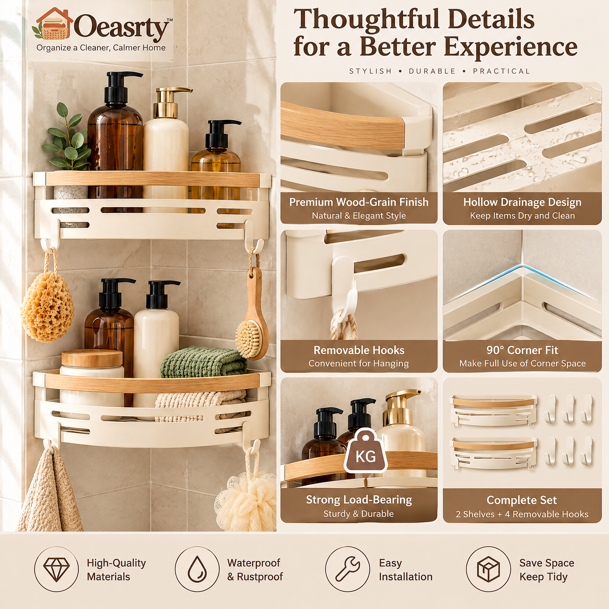 Oeasrty 2-Pack Corner Shower Caddy Set with Hooks
