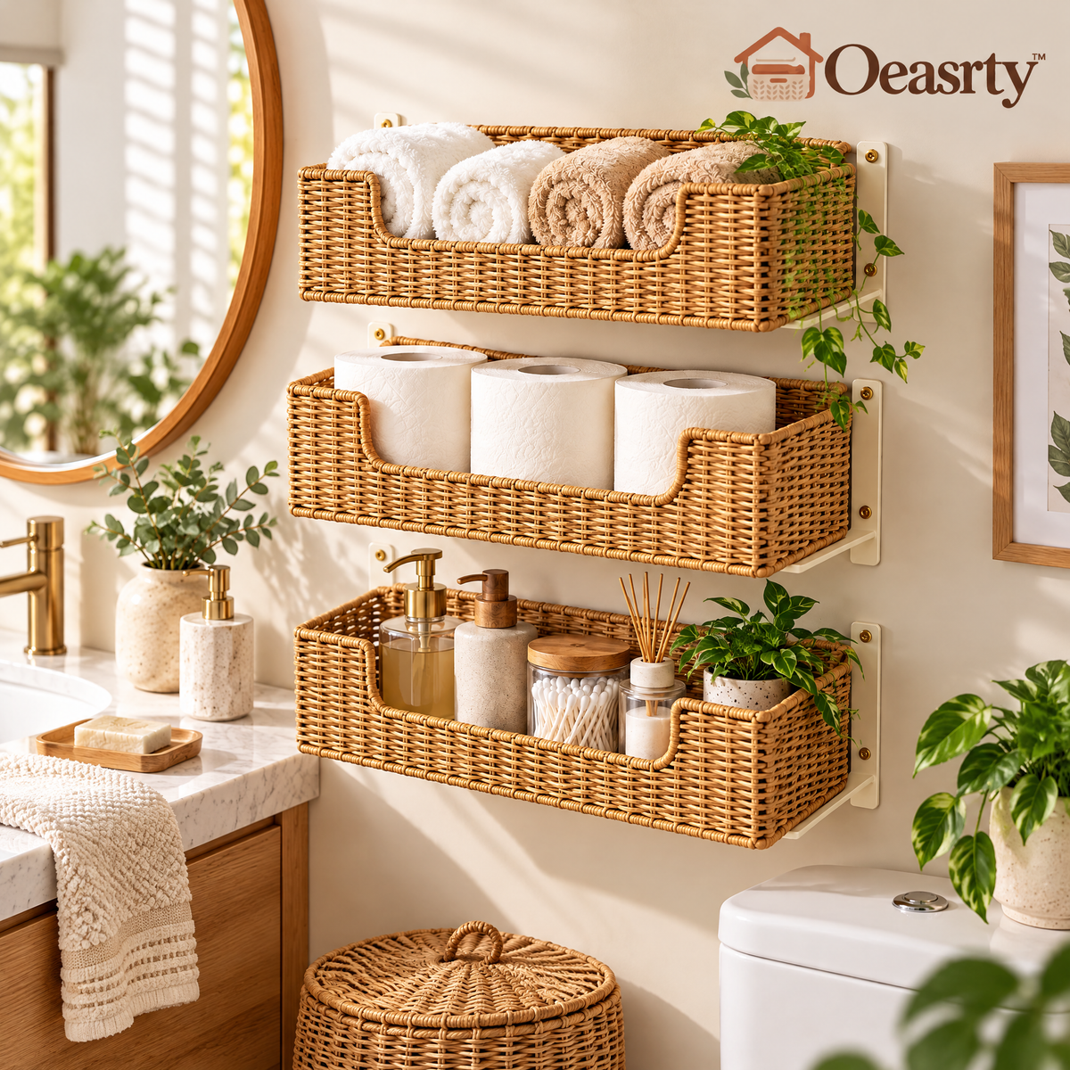 Oeasrty 3-Piece Wall-Mounted Woven Bathroom Basket Set