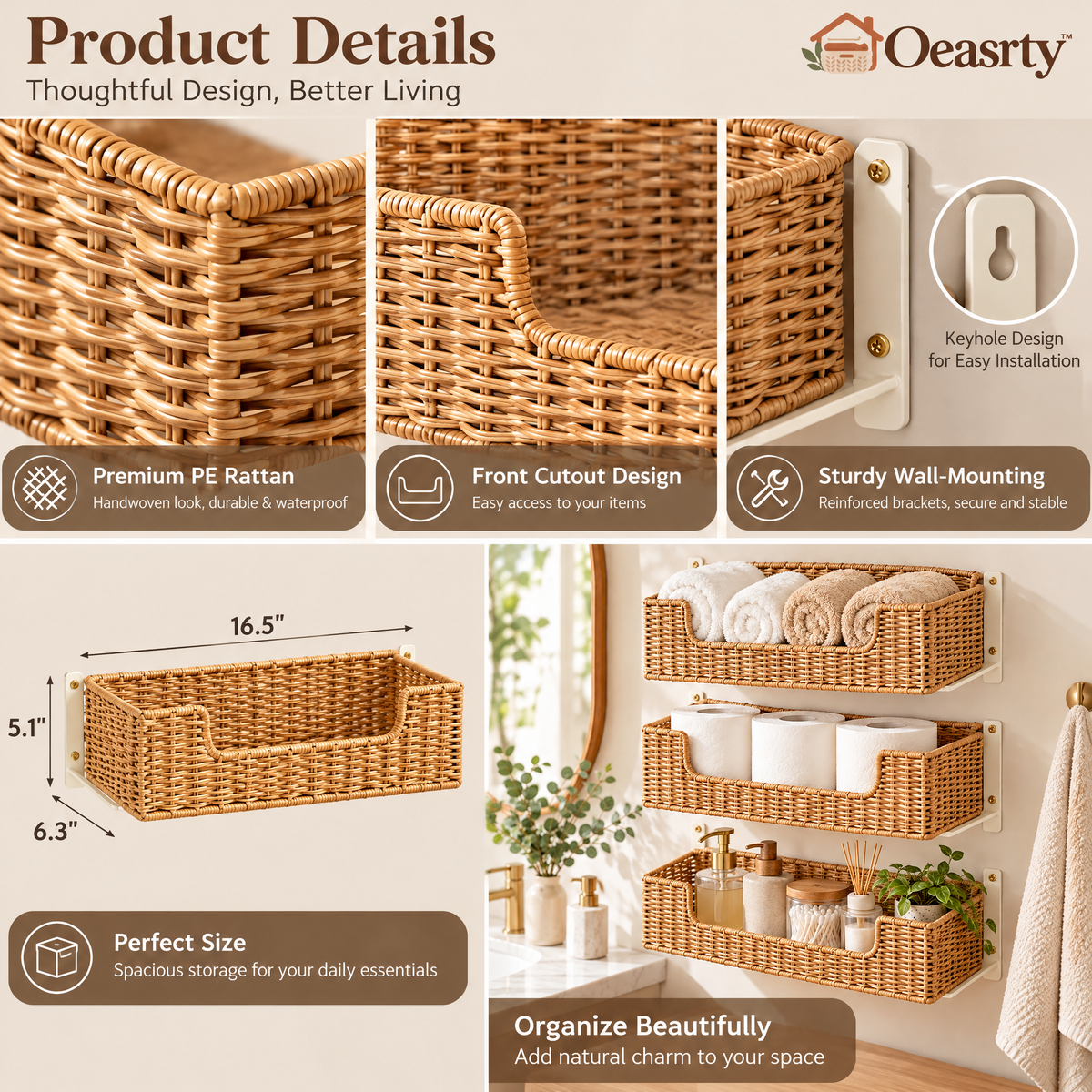 Oeasrty 3-Piece Wall-Mounted Woven Bathroom Basket Set
