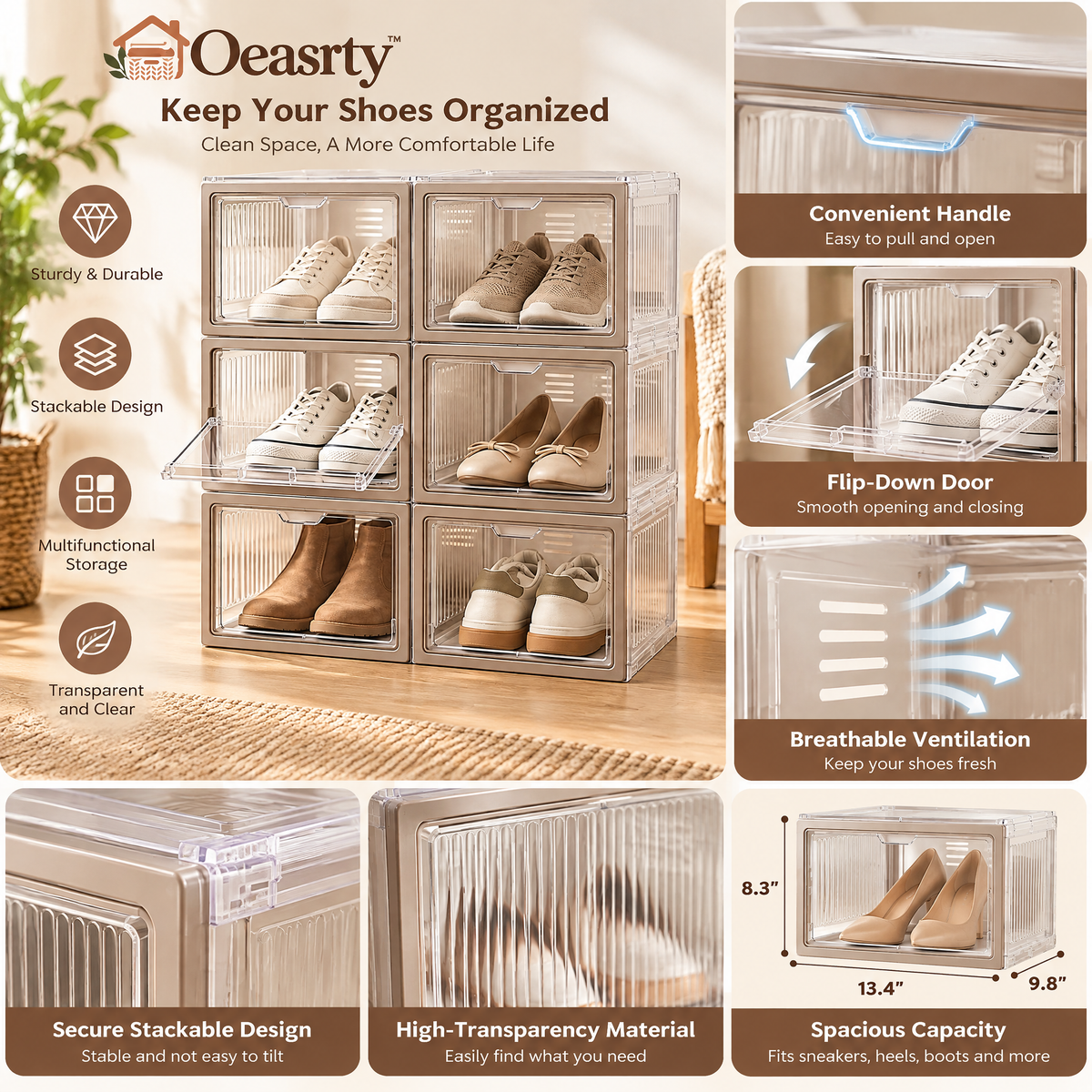 Oeasrty 6-Pack Stackable Clear Drop-Front Shoe Boxes