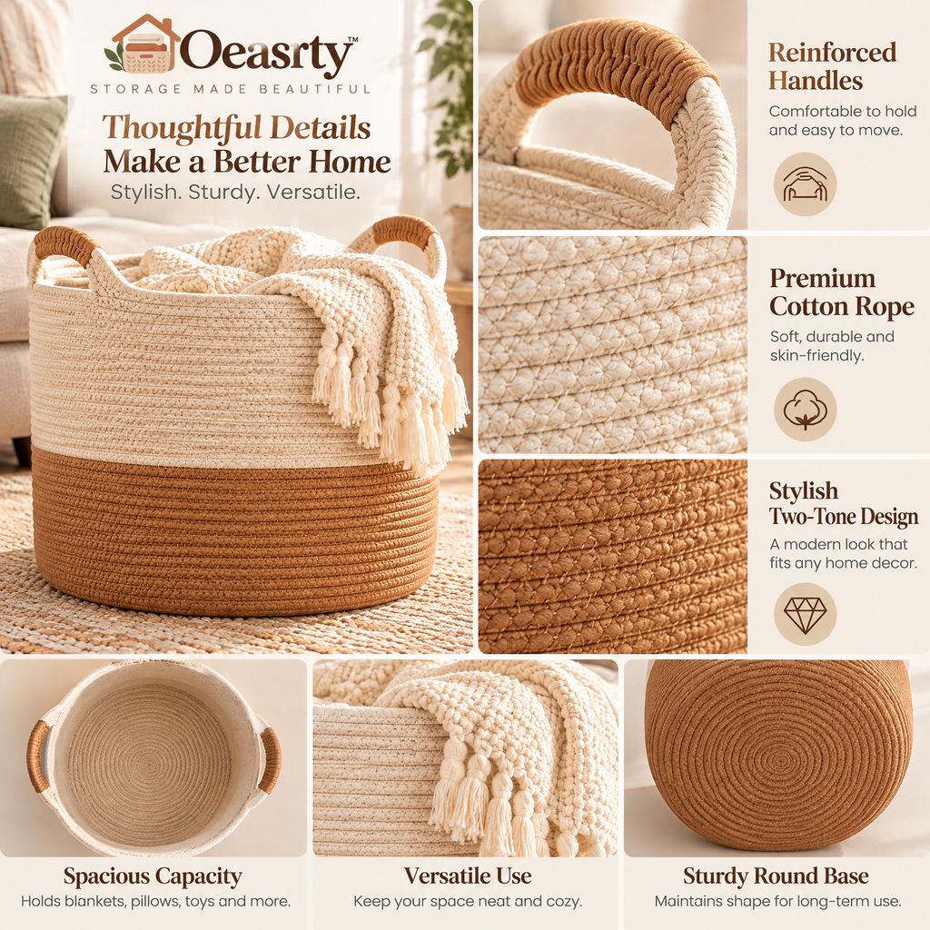 Oeasrty Extra-Large Two-Tone Woven Blanket Basket