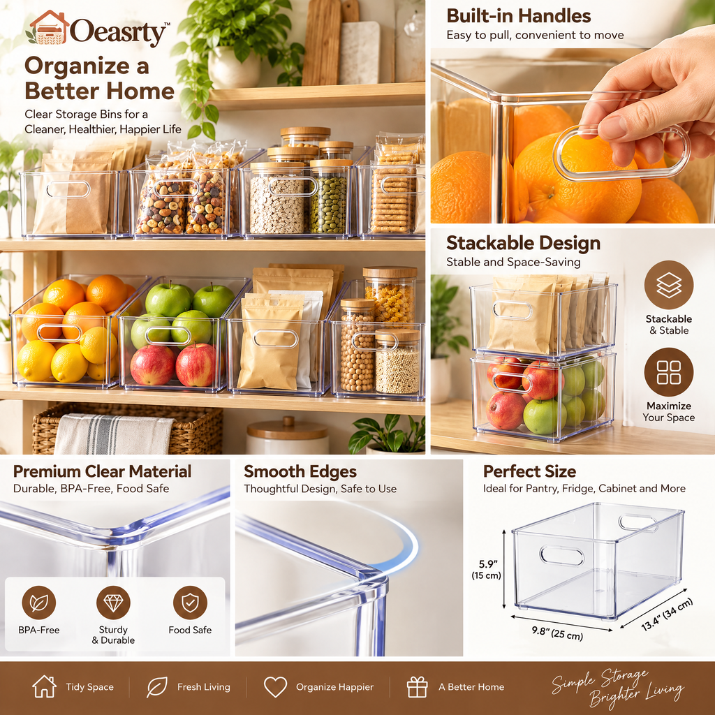 Oeasrty 8-Piece Clear Pantry Organizer Bin Set