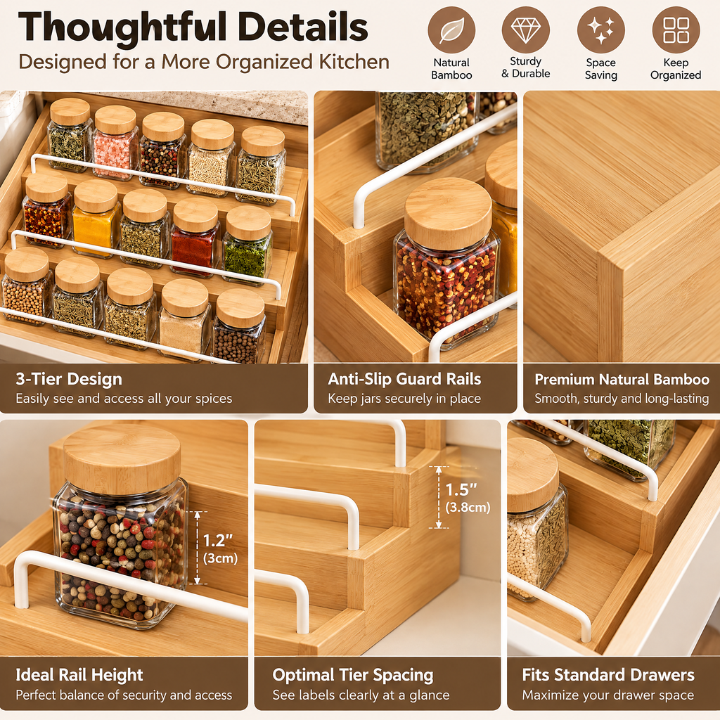 Oeasrty 3-Tier Bamboo Drawer Spice Organizer